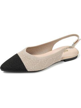 Women's Beige Black Knit Ballet Flats Pointed Toe Buckle Strap Slip On Shoes